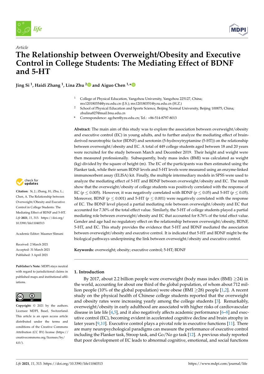 Pdf The Relationship Between Overweight Obesity And Executive Control In College Students The Mediating Effect Of nf And 5 Ht