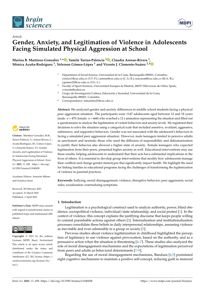 Pdf Gender Anxiety And Legitimation Of Violence In Adolescents Facing Simulated Physical Aggression At School