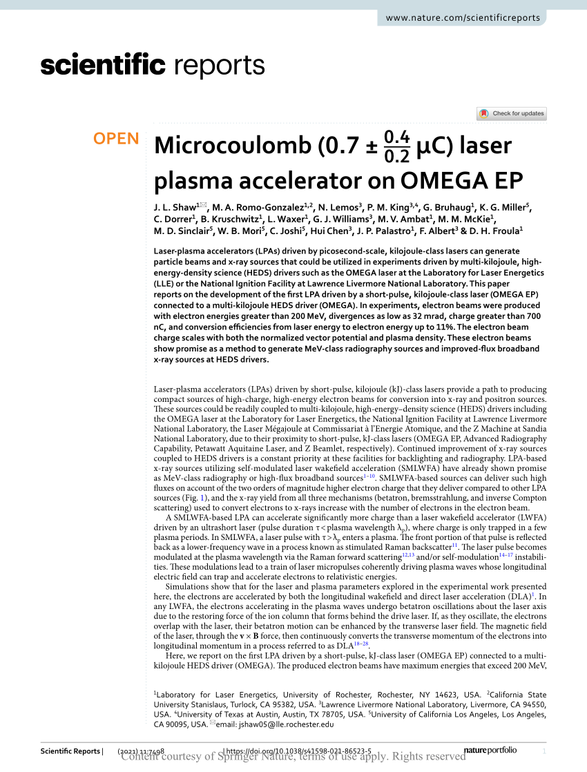 Pdf Microcoulomb 0 7 0 40 2 Mc Laser Plasma Accelerator On Omega Ep