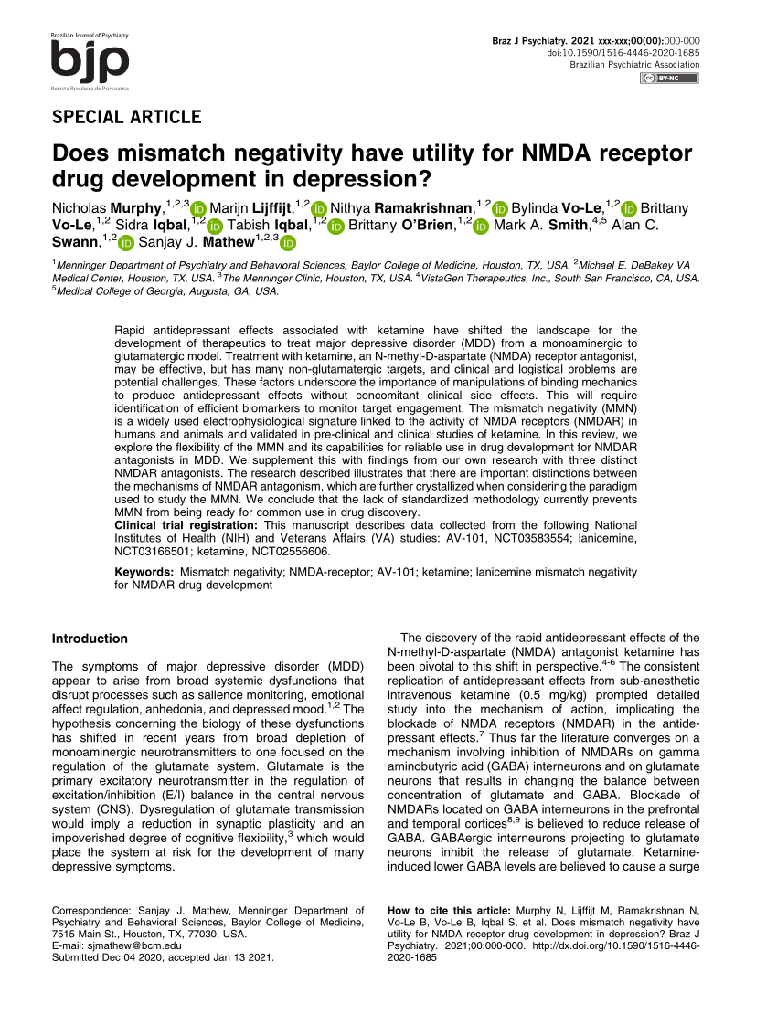 SciELO - Brazil - Does mismatch negativity have utility for NMDA receptor  drug development in depression? Does mismatch negativity have utility for  NMDA receptor drug development in depression?
