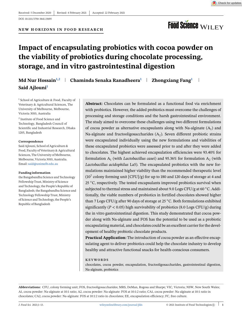 PDF) Impact of encapsulating probiotics with cocoa powder on the 