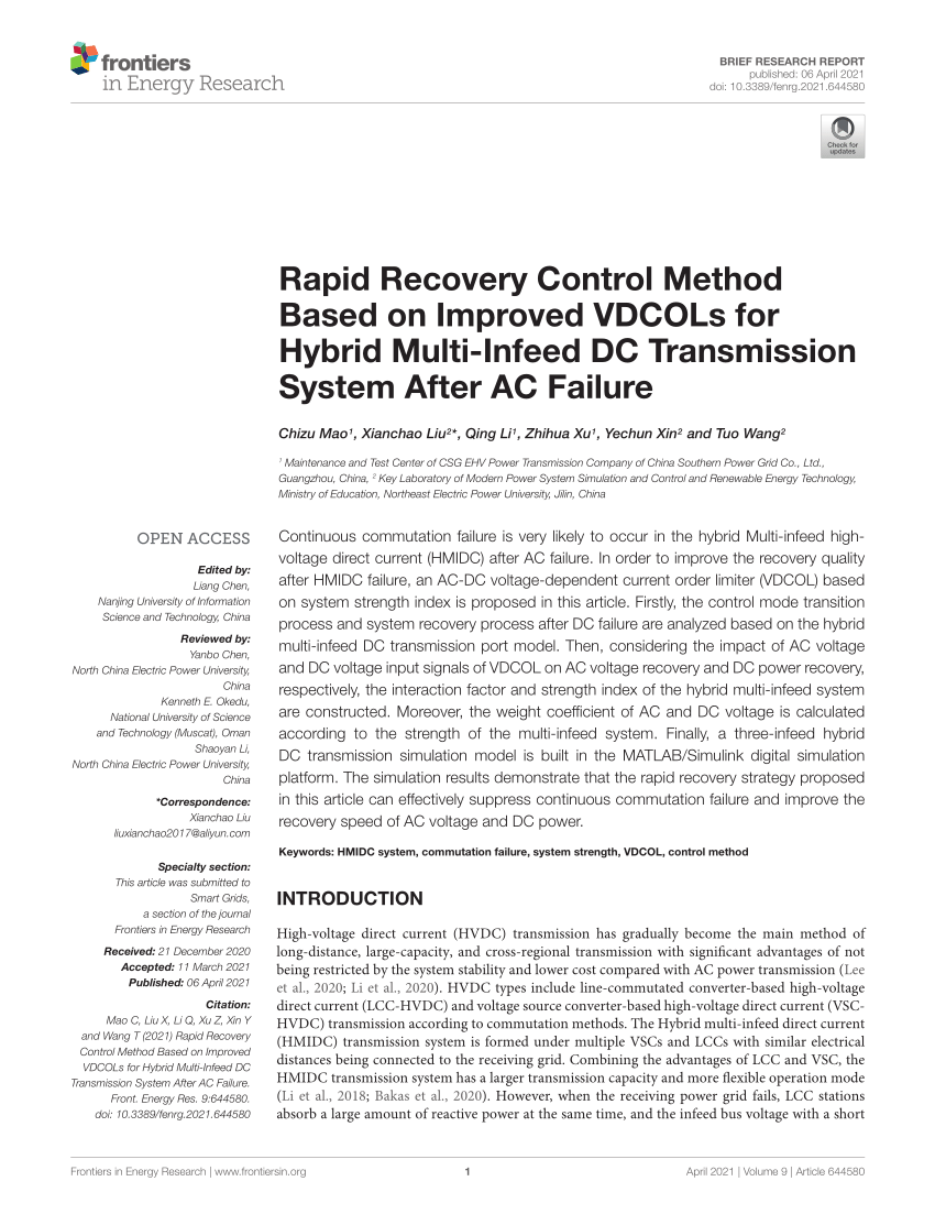 PDF) Rapid Recovery Control Method Based on Improved VDCOLs for 