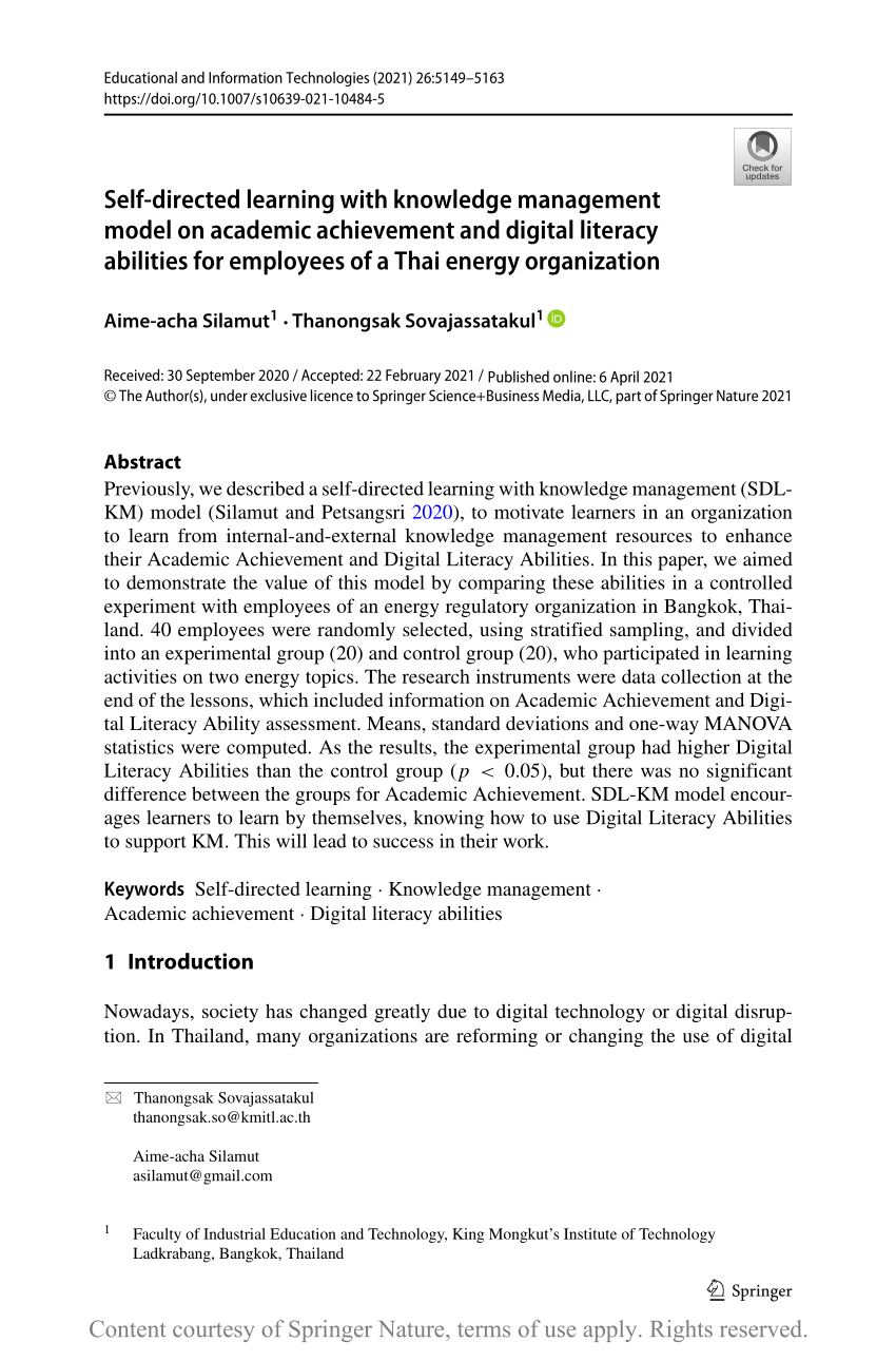 Self-directed learning with knowledge management model on academic