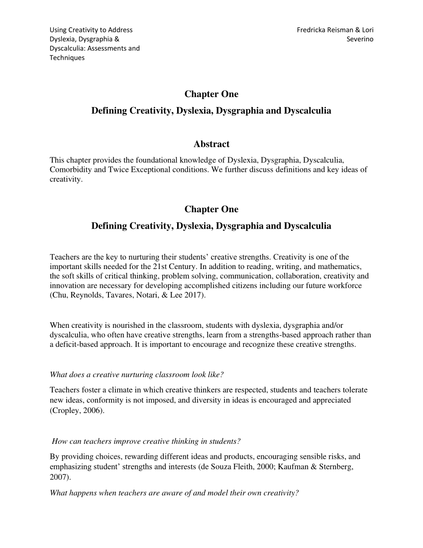 PDF) Chapter One Defining Creativity, Dyslexia, Dysgraphia and Dyscalculia