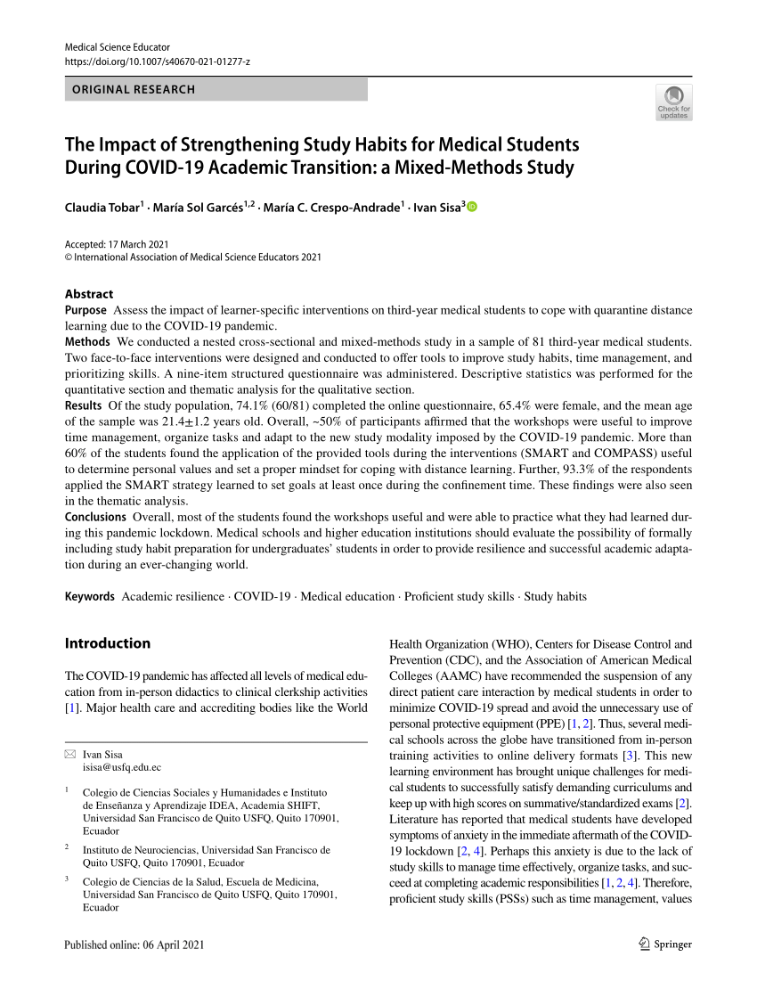 Pdf The Impact Of Strengthening Study Habits For Medical Students During Covid 19 Academic Transition A Mixed Methods Study