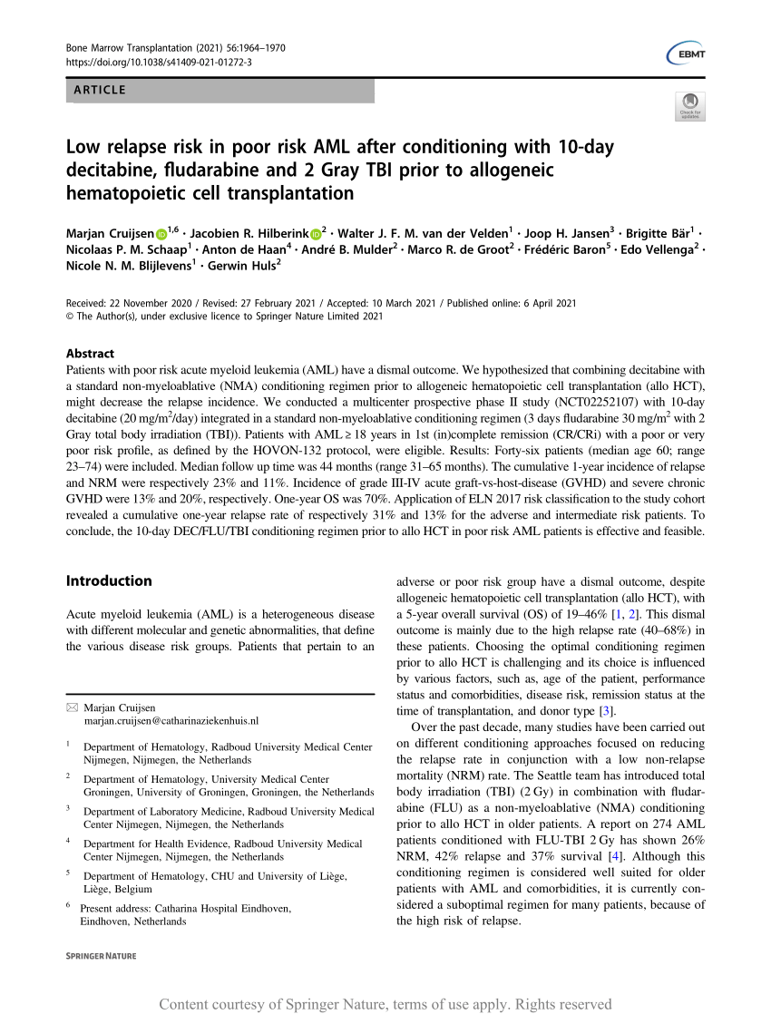 Low Relapse Risk In Poor Risk Aml After Conditioning With 10 Day Decitabine Fludarabine And 2 Gray Tbi Prior To Allogeneic Hematopoietic Cell Transplantation Request Pdf