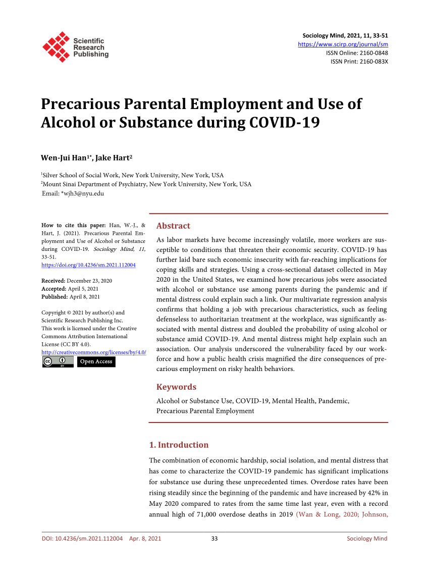 Pdf Precarious Parental Employment And Use Of Alcohol Or Substance During Covid 19