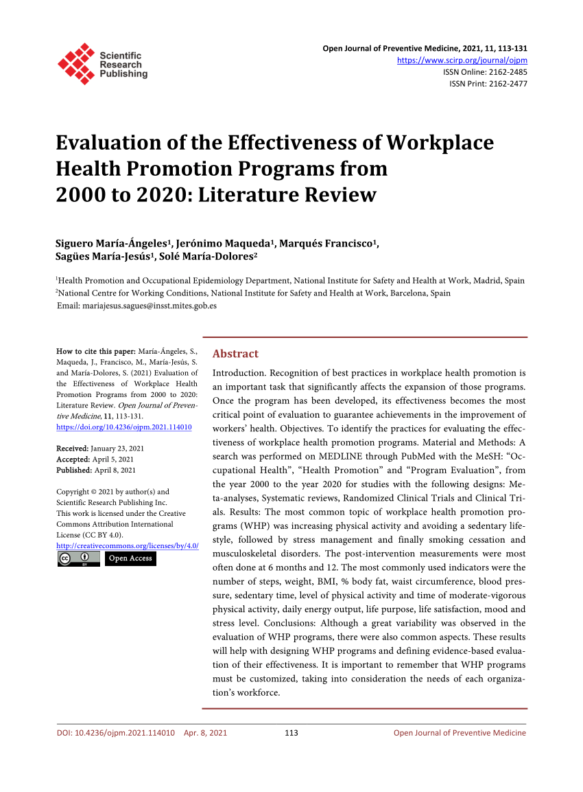 PDF) Evaluation of the Effectiveness of Workplace Health Promotion Programs  from 2000 to 2020: Literature Review