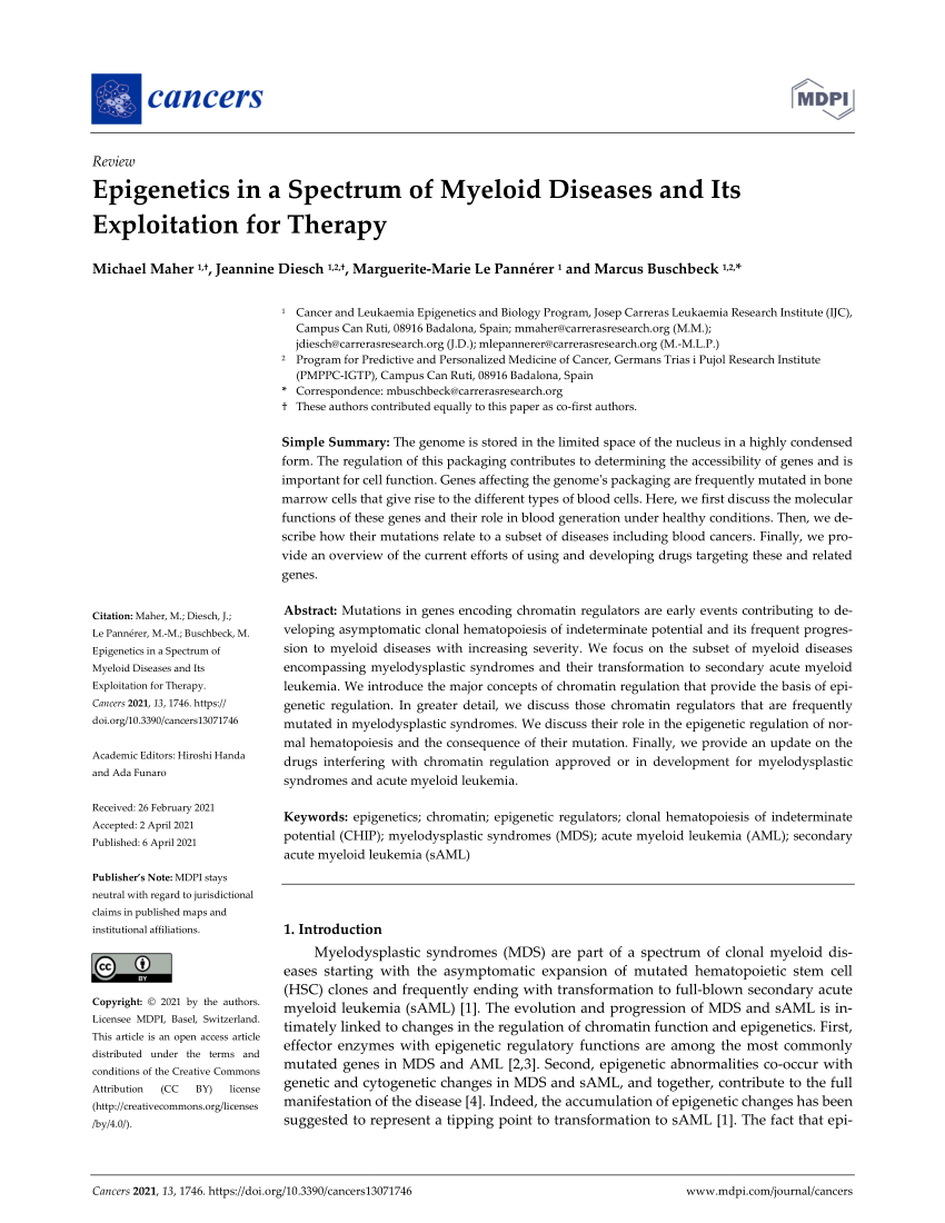 Pdf Epigenetics In A Spectrum Of Myeloid Diseases And Its Exploitation For Therapy