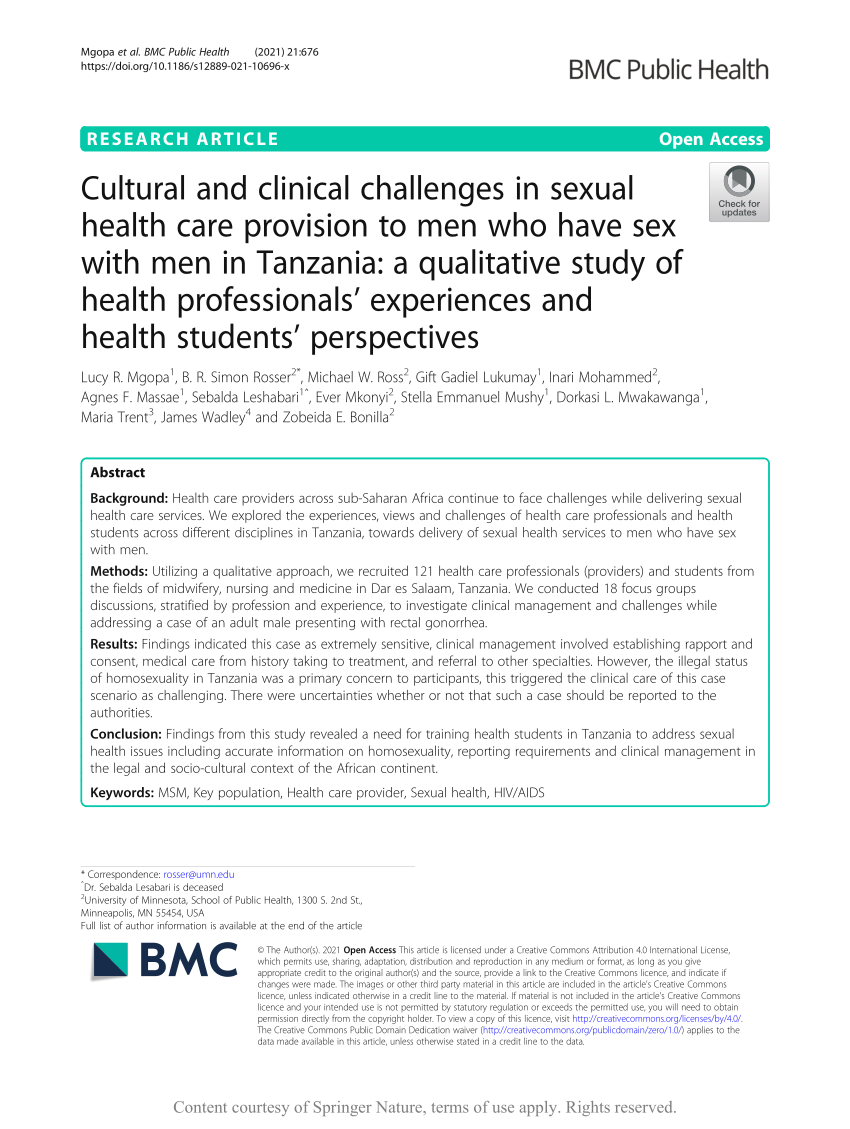 PDF) Cultural and clinical challenges in sexual health care provision to men who have sex with men in Tanzania a qualitative study of health professionals experiences and health students perspectives image photo