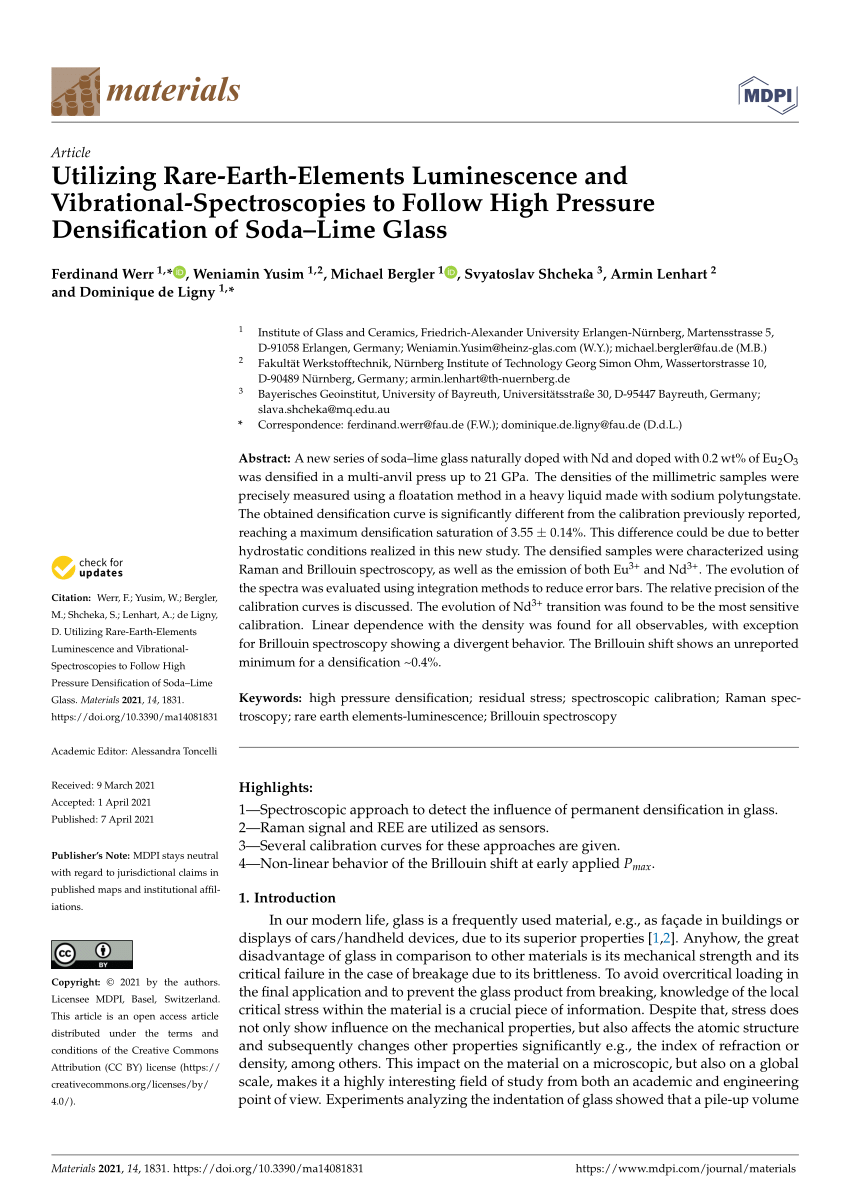 Pdf Utilizing Rare Earth Elements Luminescence Andvibrational Spectroscopies To Follow High Pressuredensification Of Soda Lime Glass