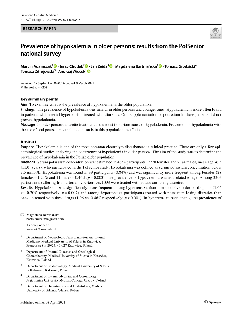 Pdf Prevalence Of Hypokalemia In Older Persons Results From The Polsenior National Survey 