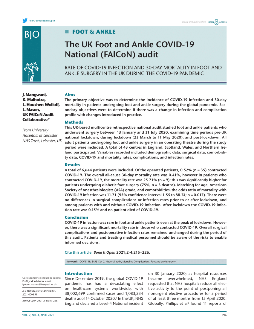 PDF) The UK Foot and Ankle COVID-19 National (FAlCoN) audit: rate