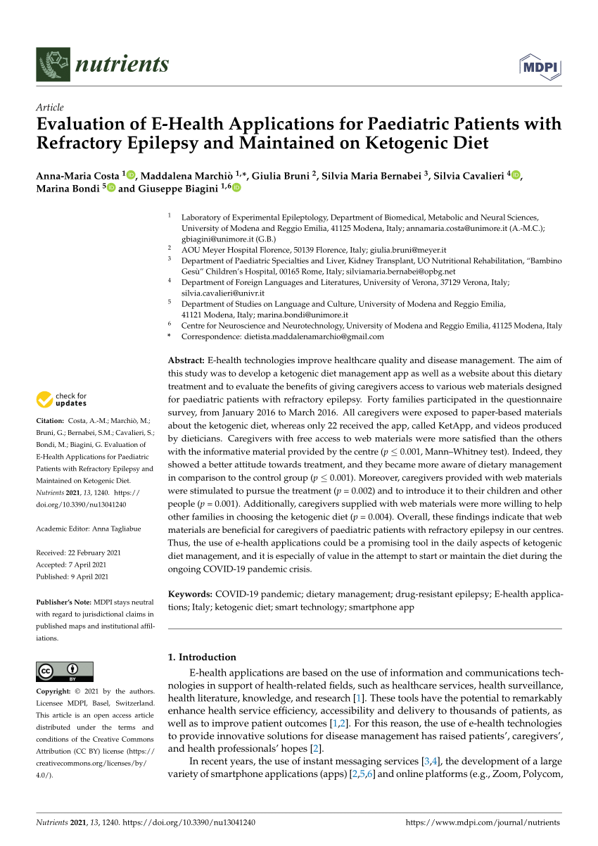 (PDF) Evaluation of E-Health Applications for Paediatric Patients with  Refractory Epilepsy and Maintained on Ketogenic Diet