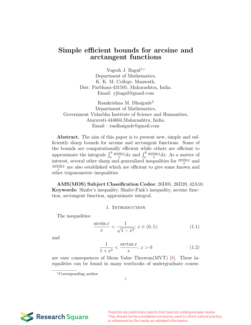 Pdf Simple Efficient Bounds For Arcsine And Arctangent Functions