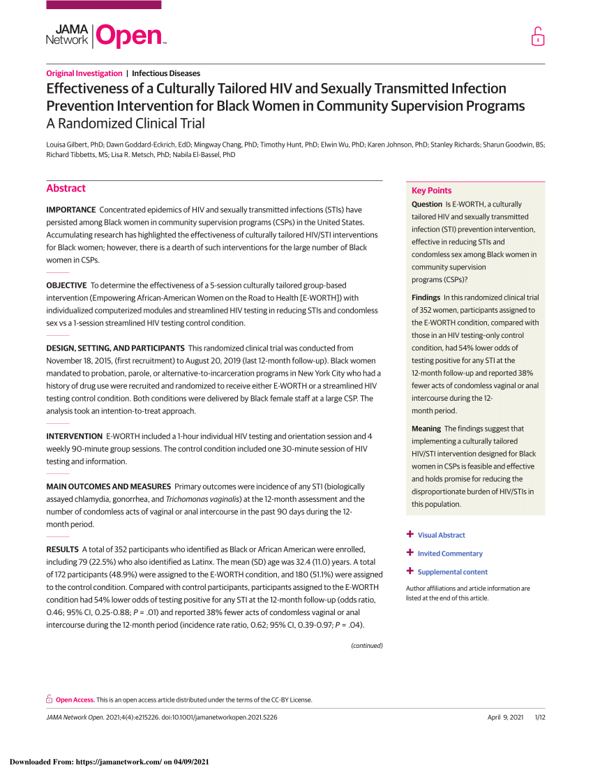 PDF) Effectiveness of a Culturally Tailored HIV and Sexually Transmitted  Infection Prevention Intervention for Black Women in Community Supervision  Programs: A Randomized Clinical Trial