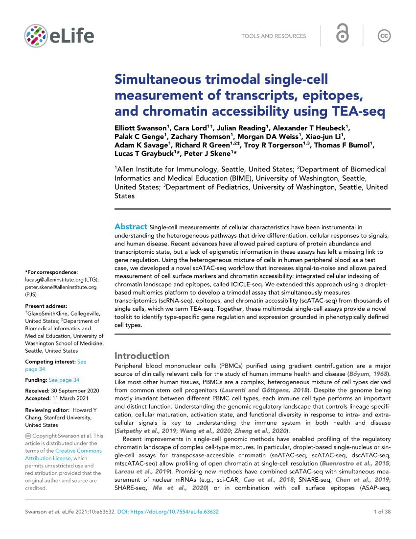 Pdf Simultaneous Trimodal Single Cell Measurement Of Transcripts Epitopes And Chromatin Accessibility Using Tea Seq