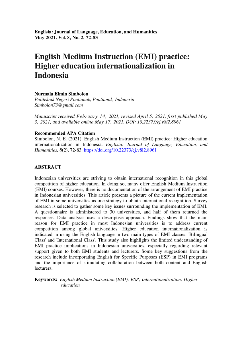 Pdf English Medium Instruction Emi Practice Higher Education Internationalization In Indonesia