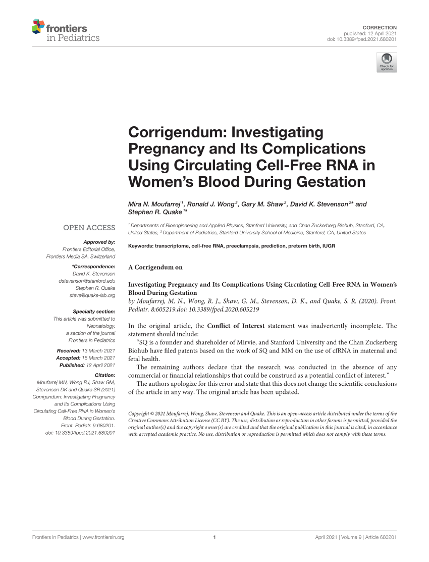 Pdf Corrigendum Investigating Pregnancy And Its Complications Using Circulating Cell Free Rna 3809