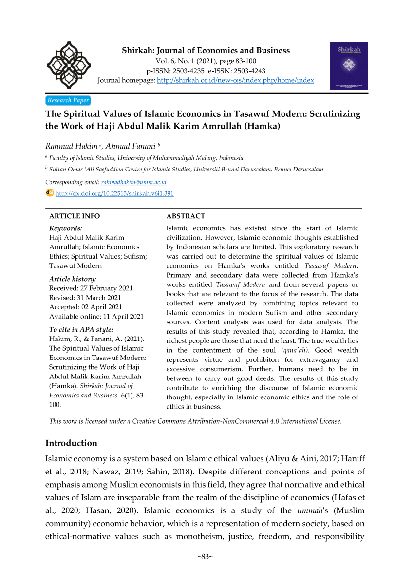 Pdf The Spiritual Values Of Islamic Economics In Tasawuf Modern Scrutinizing The Work Of Haji Abdul Malik Karim Amrullah Hamka
