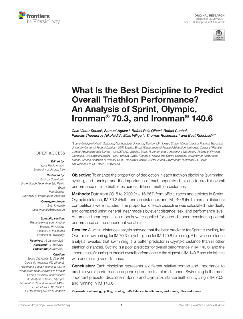 PDF) What is the best discipline to predict overall triathlon performance? An analysis of Sprint, Olympic, 70.3 and 140.6 Ironman®