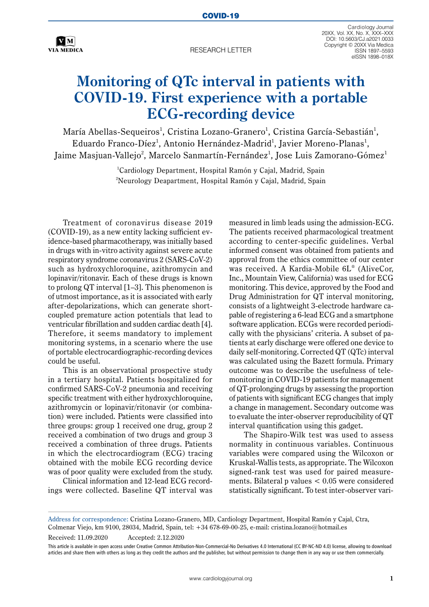 Protocolo de manejo hospitalario de alteraciones electrocardiográficas en  pacientes con COVID-19 con un sistema portátil vinculado a smartphone