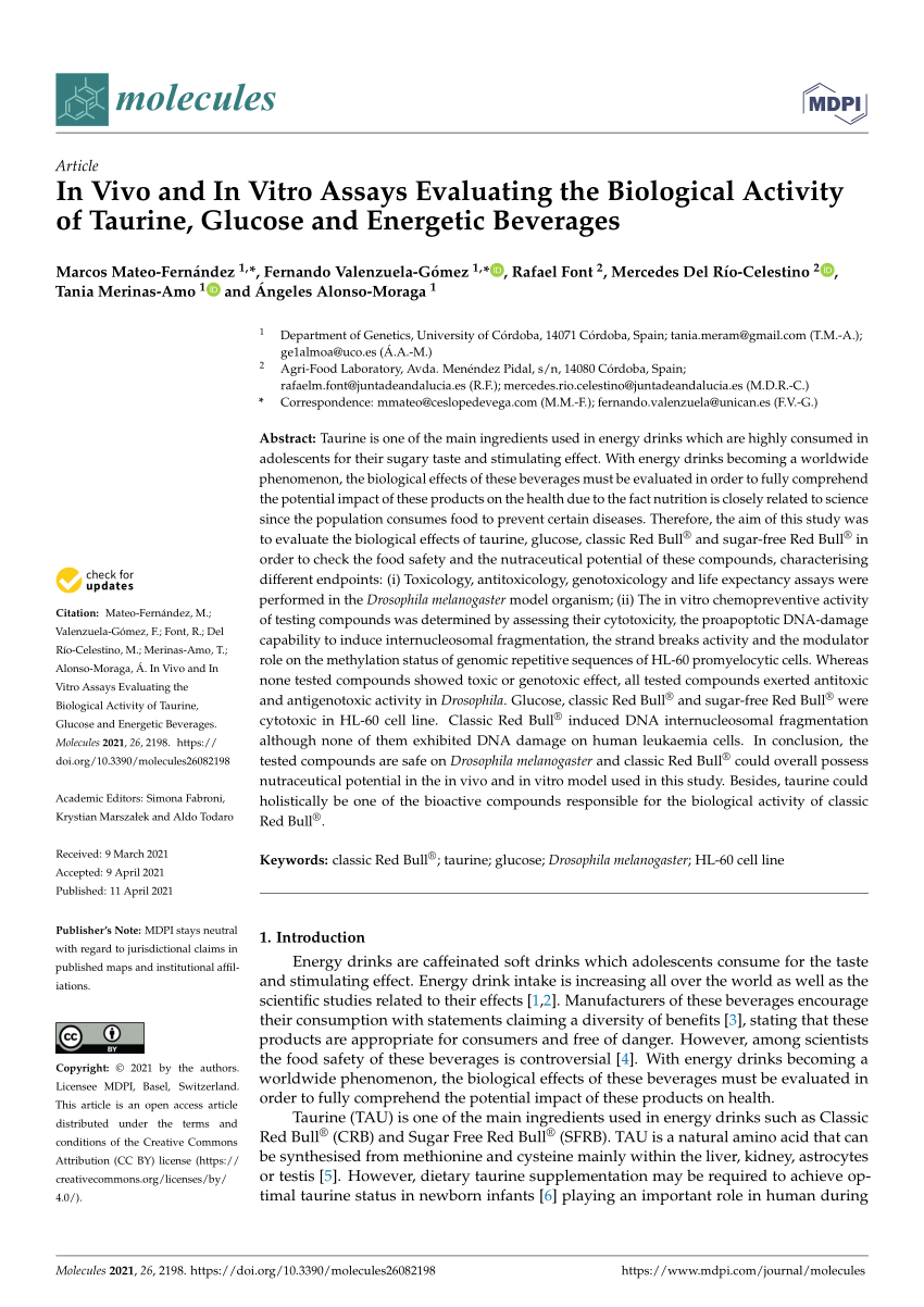Pdf In Vivo And In Vitro Assays Evaluating The Biological Activity Of Taurine Glucose And Energetic Beverages