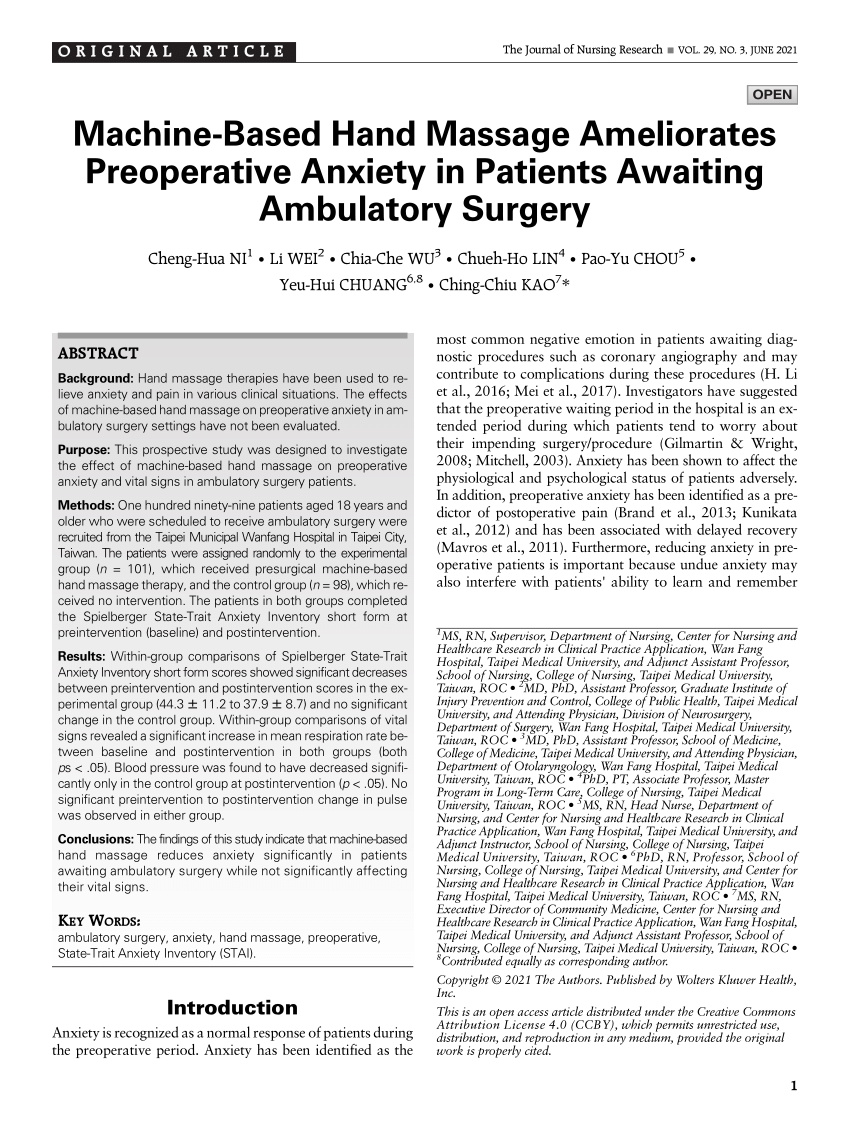 Pdf Machine Based Hand Massage Ameliorates Preoperative Anxiety In Patients Awaiting