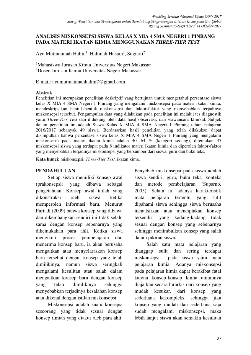 Pdf Analisis Miskonsepsi Siswa Pada Materi Ikatan Kimia Menggunakan Three Tier Test 9012