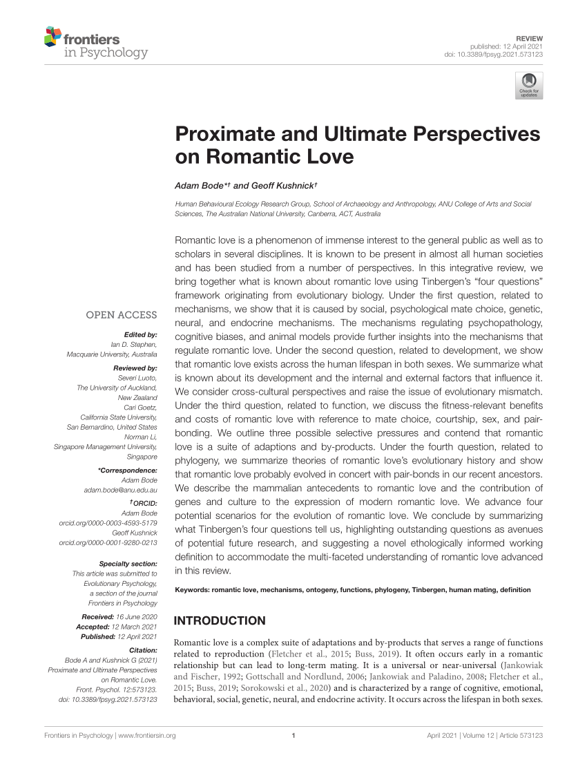 PDF) Proximate and Ultimate Perspectives on Romantic Love