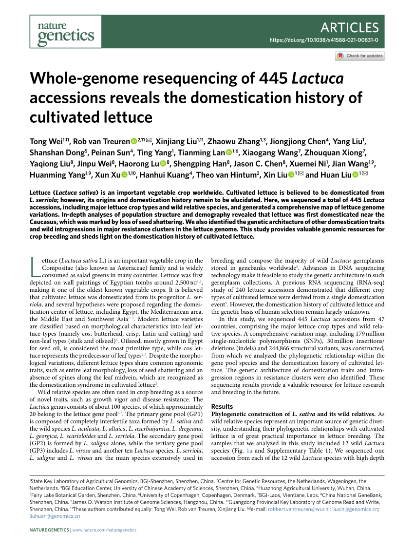 PDF) Whole-genome resequencing of 445 Lactuca accessions reveals 