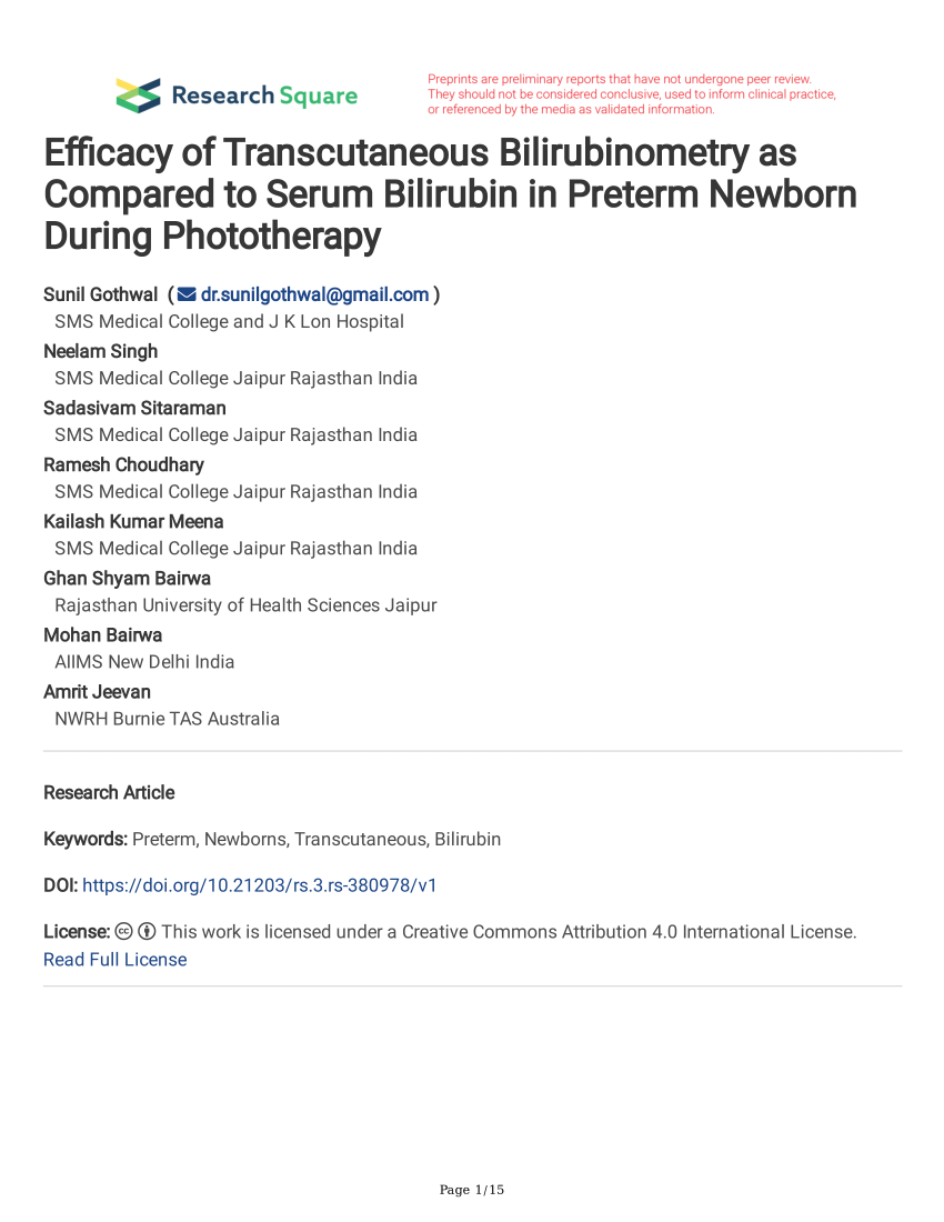 (PDF) Efficacy of Transcutaneous Bilirubinometry as Compared to Serum