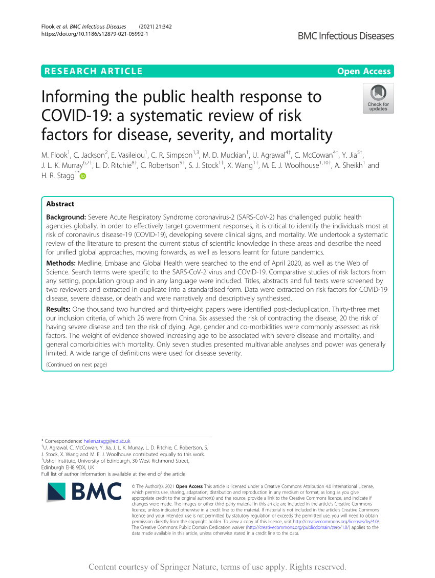 Pdf Informing The Public Health Response To Covid 19 A Systematic Review Of Risk Factors For Disease Severity And Mortality