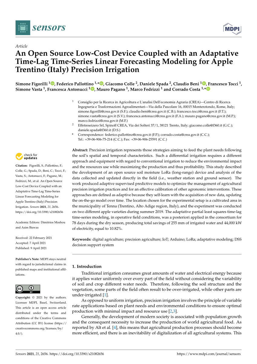 Pdf An Open Source Low Cost Device Coupled With An Adaptative Time Lag Time Series Linear Forecasting Modeling For Apple Trentino Italy Precision Irrigation