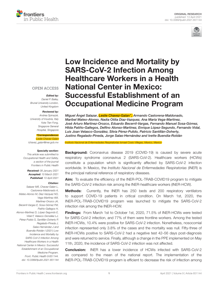 Pdf Low Incidence And Mortality By Sars Cov 2 Infection Among Healthcare Workers In A Health National Center In Mexico Successful Establishment Of An Occupational Medicine Program