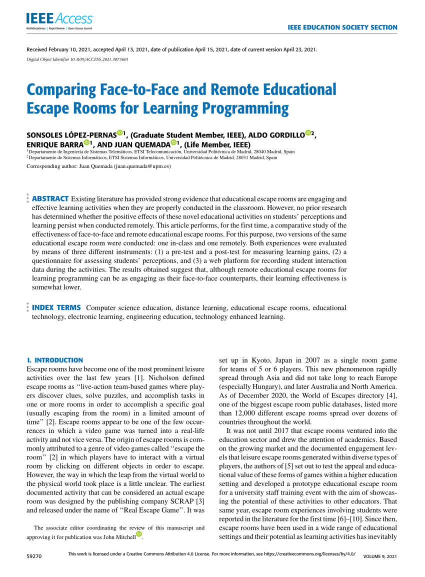 PDF) Comparing Face-to-Face and Remote Educational Escape Rooms for Programming