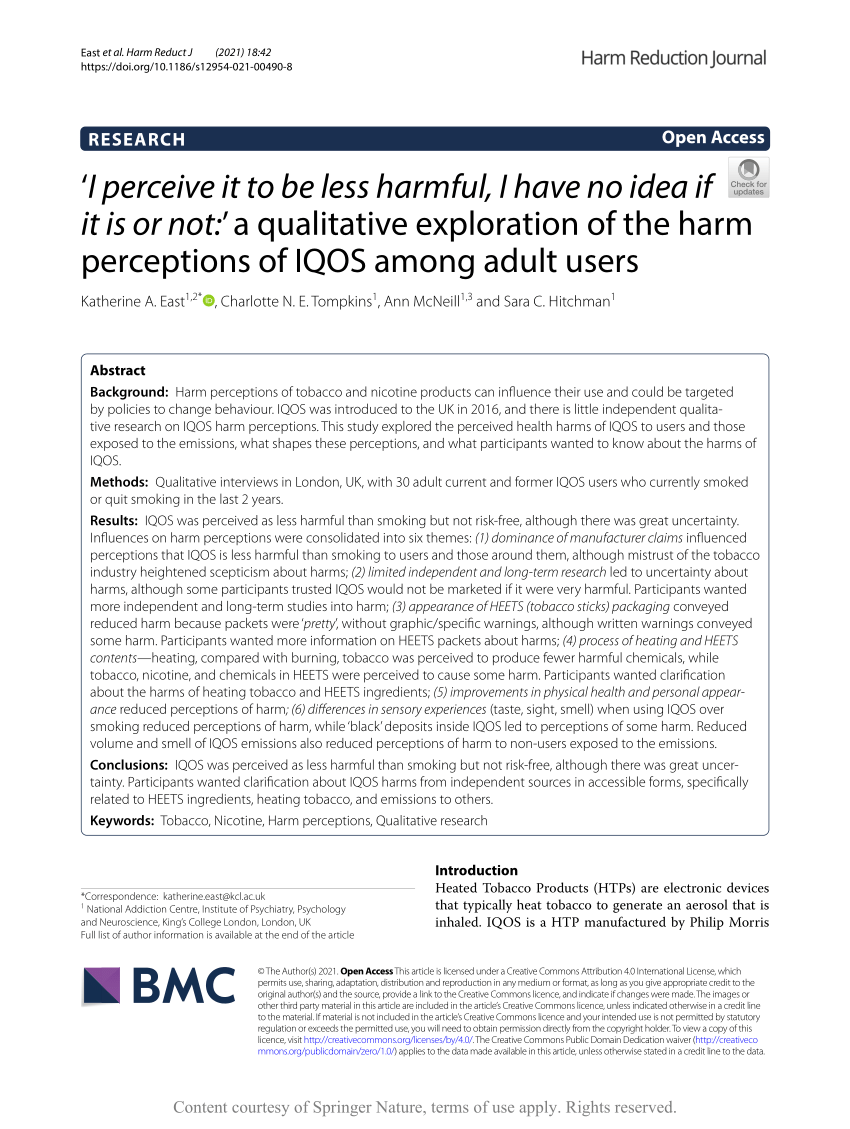 PDF) 'I perceive it to be less harmful, I have no idea if it is or not:' a  qualitative exploration of the harm perceptions of IQOS among adult users