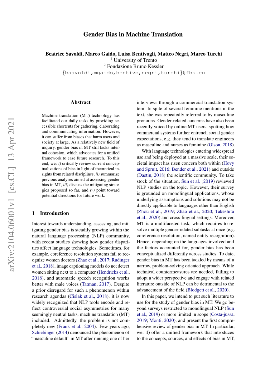 Pdf Gender Bias In Machine Translation