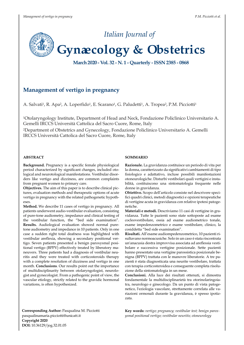 PDF) Benign Paroxysmal Positional Vertigo in G4P1A2 37-38 Weeks Pregnant  Woman: Estrogen and Progesterone Phenomenon Case Report and Literature  Review