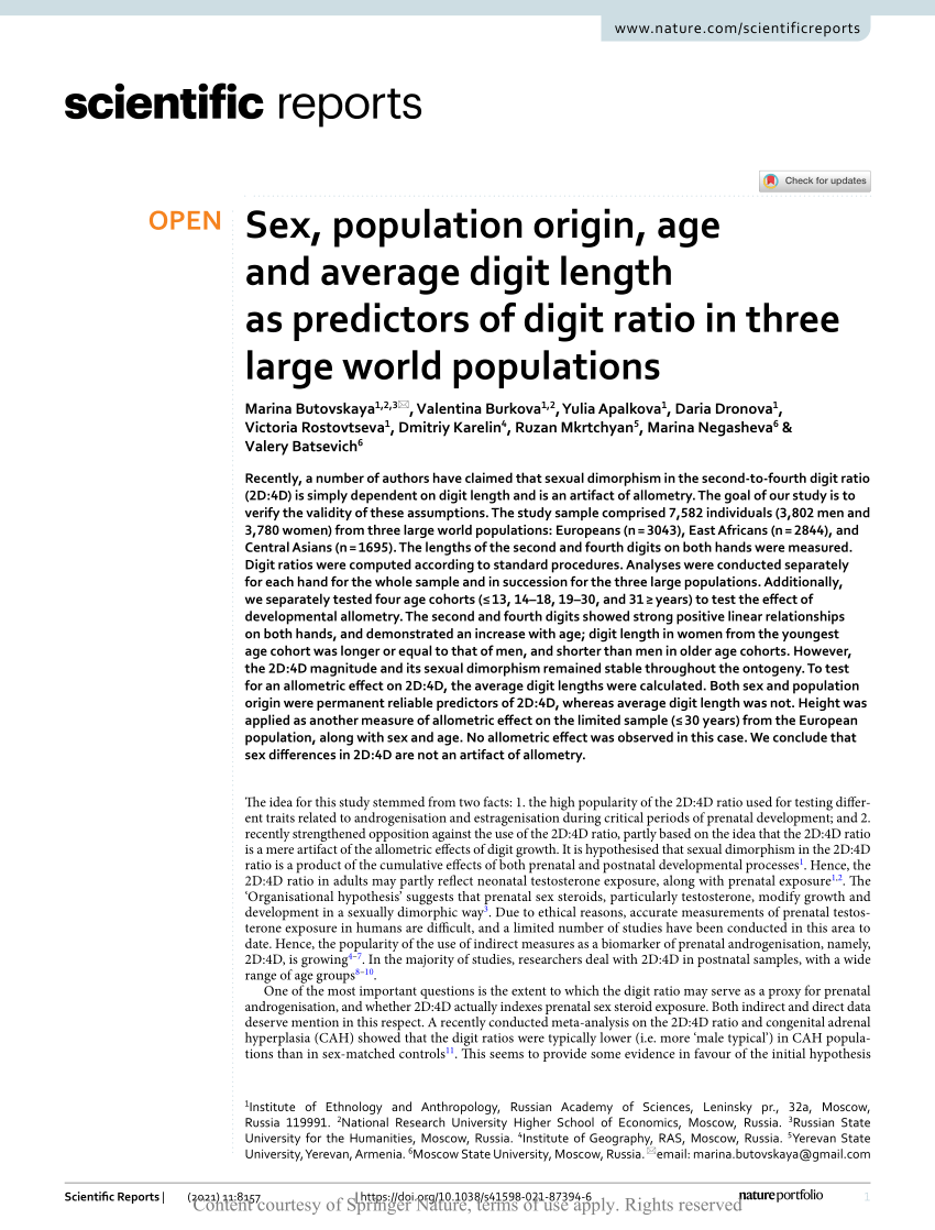 PDF) Sex, population origin, age and average digit length as predictors of  digit ratio in three large world populations