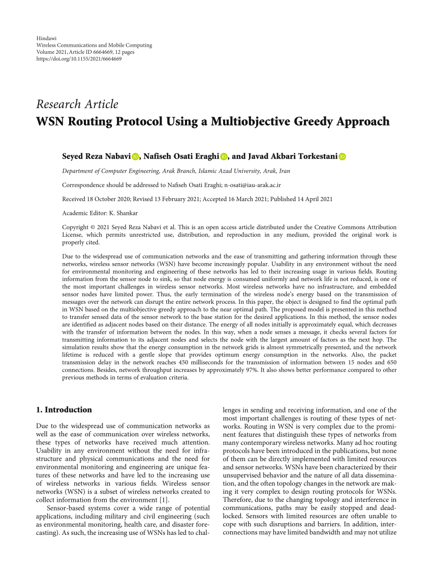 PDF WSN Routing Protocol Using a Multiobjective Greedy Approach