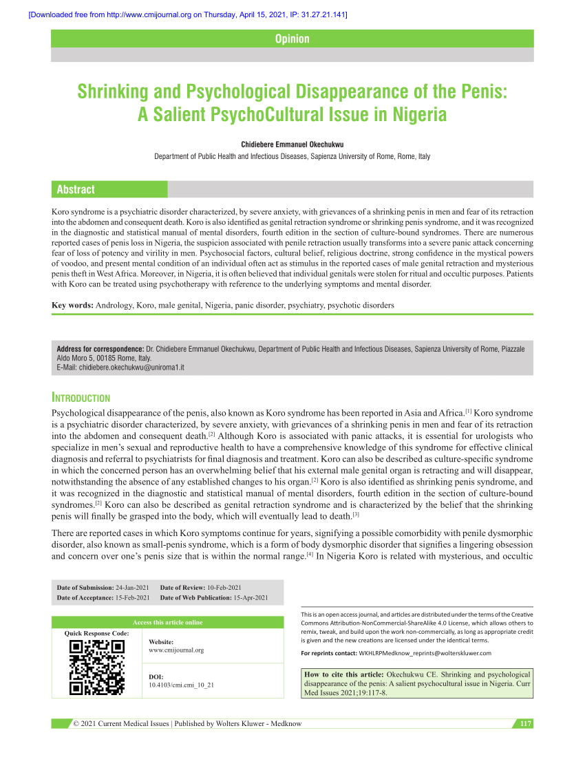 PDF) Shrinking and psychological disappearance of the penis A salient psychocultural issue in Nigeria picture