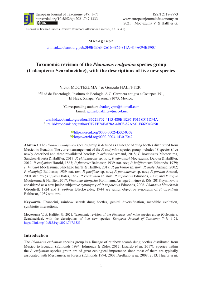 PDF) Taxonomic revision of the Phanaeus endymion species group