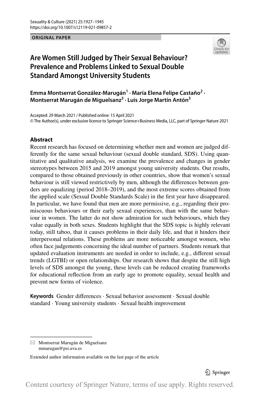 Are Women Still Judged by Their Sexual Behaviour? Prevalence and Problems Linked to Sexual Double Standard Amongst University Students Request