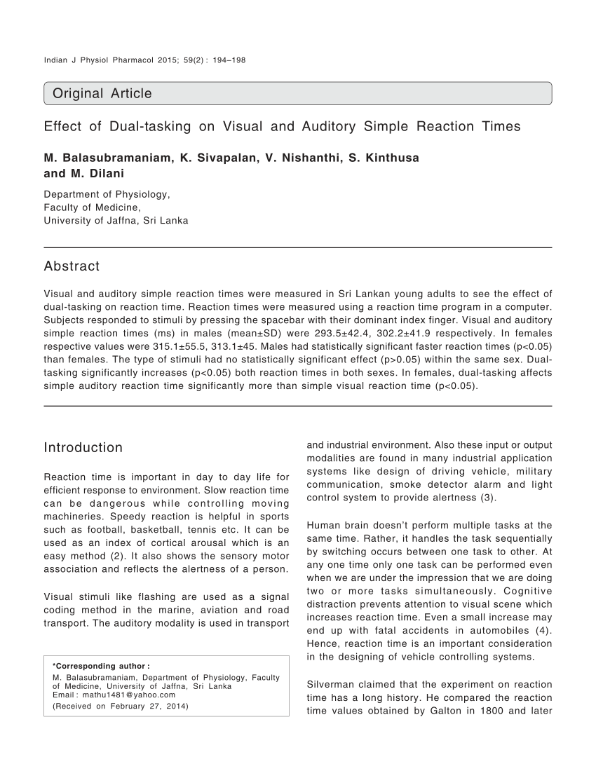 Pdf Effect Of Dual Tasking On Visual And Auditory Simple Reaction Times