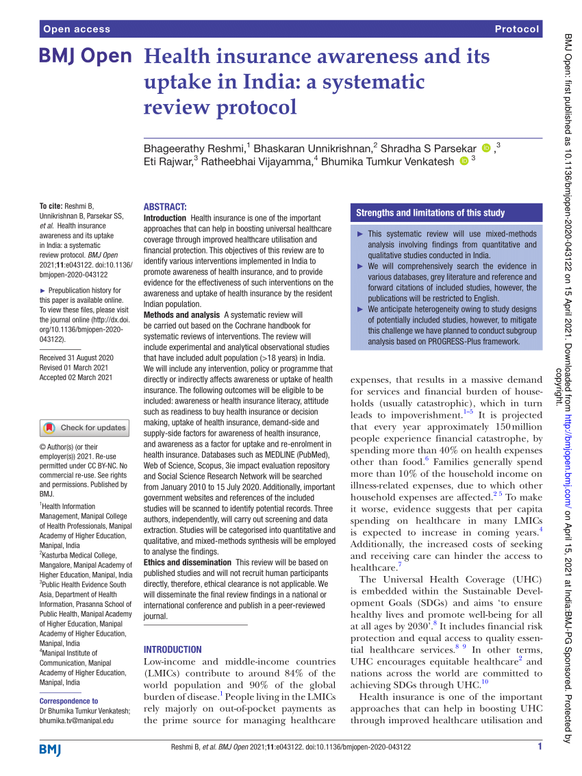 (PDF) Health insurance awareness and its uptake in India: A systematic