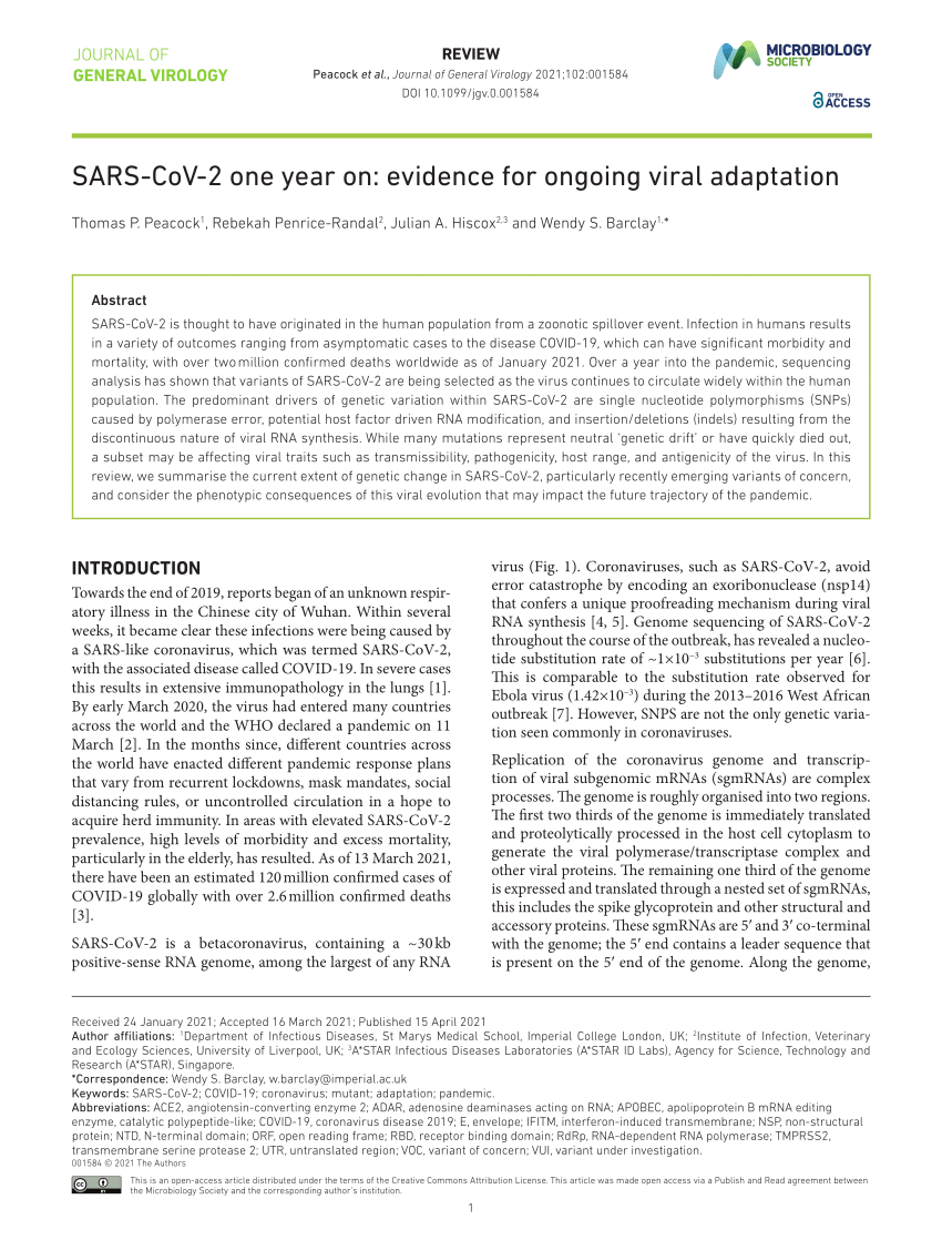 PDF) SARS-CoV-2 one year on: evidence for ongoing viral adaptation