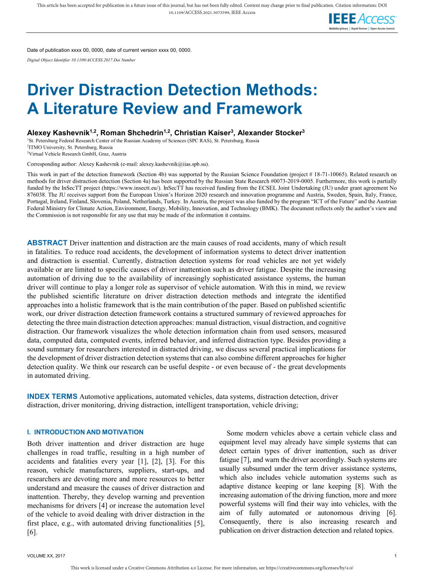 driver distraction detection methods a literature review and framework
