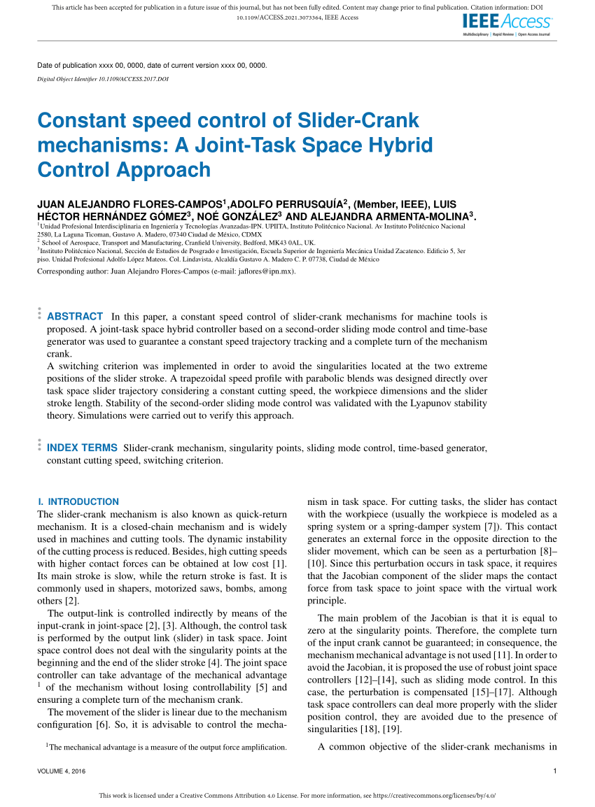 PDF) Constant Speed Control of Slider-Crank Mechanisms: A Joint-Task Space  Hybrid Control Approach
