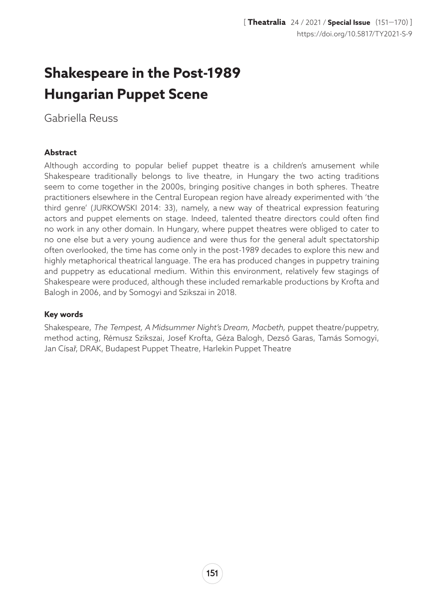 Pdf Shakespeare In The Post 19 Hungarian Puppet Scene